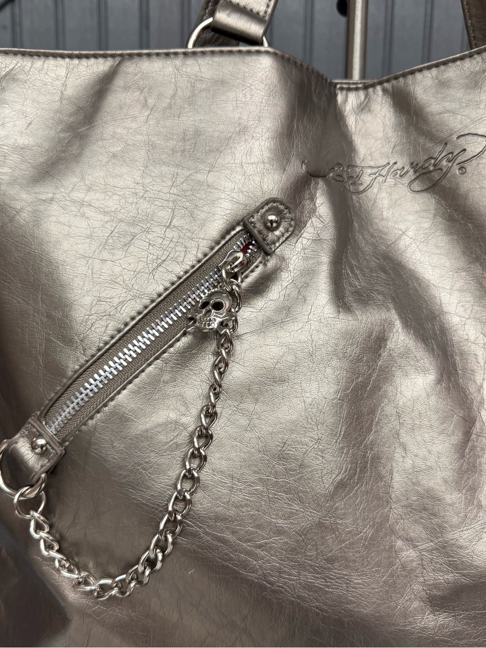 Ed Hardy Metallic Silver Tote with Skull Chain Accent Oversized Large Tote Bag - Picture 6 of 17